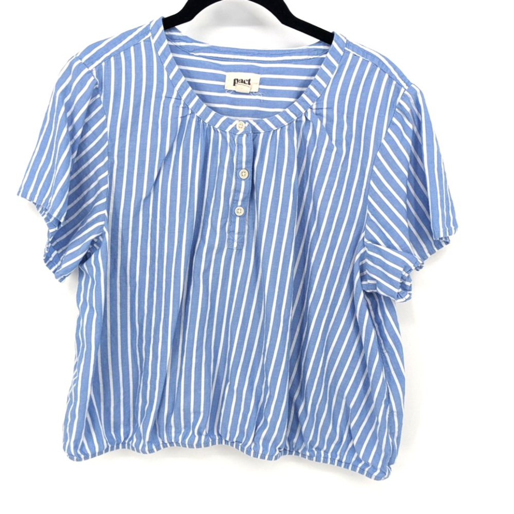 Pact Blue and White Vertical Stripe Short-Sleeve Henley